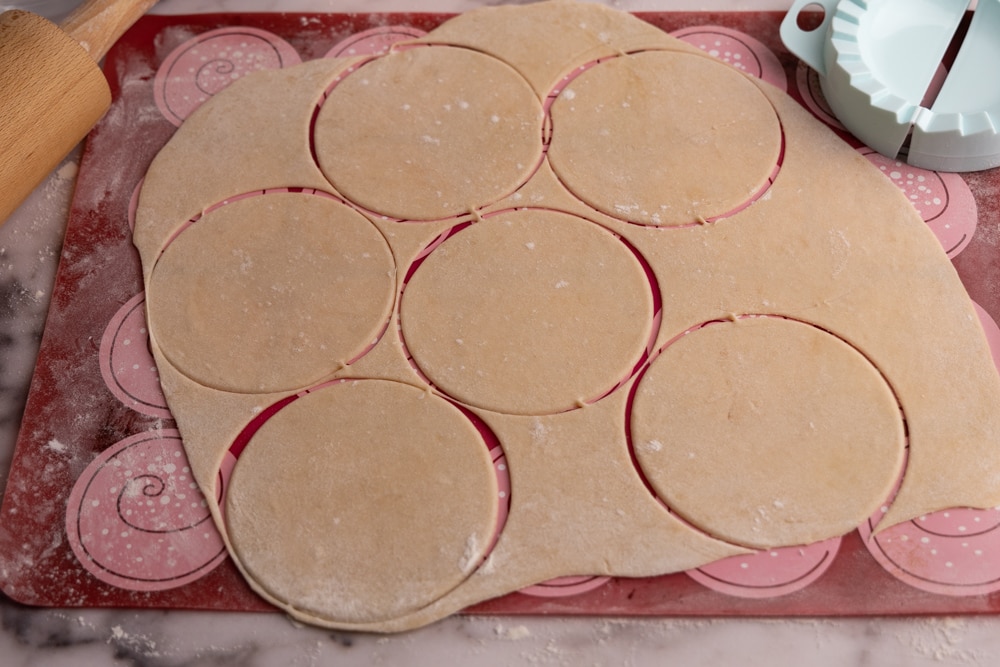 Cutting out circles in rolled pierogi dough