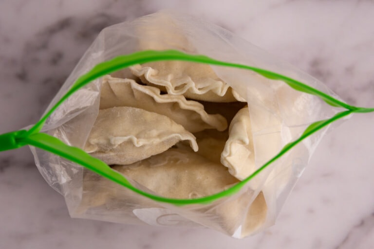 Frozen pierogi in a freezer bag